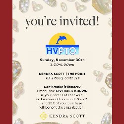HVPTO Fundraiser - Kendra Scott Holiday Give Back Event on Sunday, November 30 from 3-5 PM or online from 11/30-12/2 at KendraScott.com use code GIVEBACK-KORWR and 20% of your purchase will benefit HVPTO.
